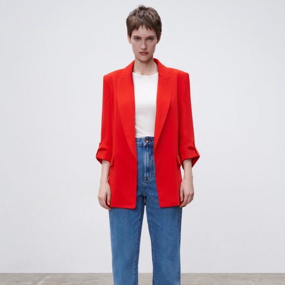 NWT Zara Blazer with Rolled Up Sleeves Red Large - Picture 1 of 5
